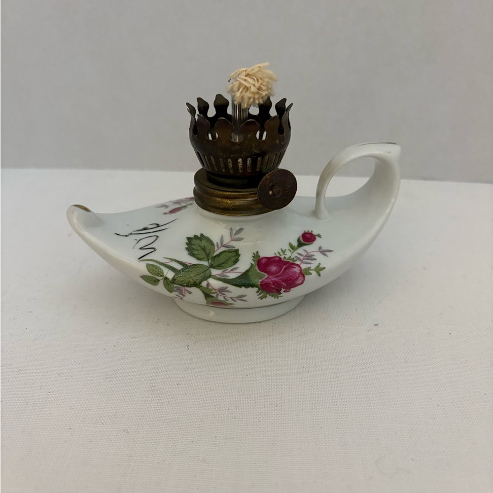 Vintage Porcelain Minature Genie Oil Lamp Floral Design